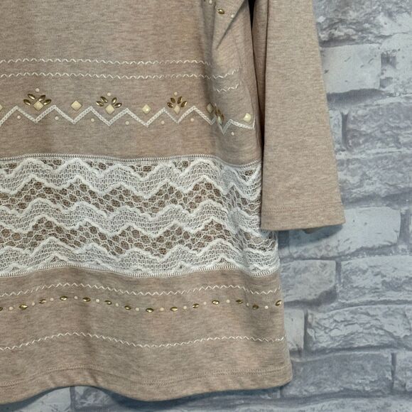 Alfred Dunner Blouse Womens L Tan White Scoop Neck Lace Embellished Long Sleeve - Picture 6 of 15
